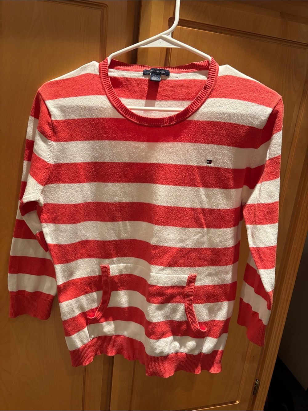 Tommy Hilfiger Orange and White Striped Crewneck Sweater